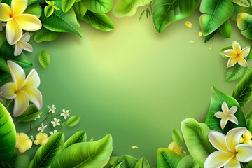 Wall Mural - A green background with a yellow flower in the center. The background is filled with green leaves and flowers. ecology abstract background for product presentation, leaves, flowers