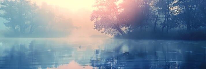 Wall Mural - serene lake with trees and fog in the background and a sun shining through the trees on the water's edge