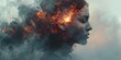 © inspiretta - a woman with a fireball in her hair and smoke behind her head, with a sky background and a cloud of smoke