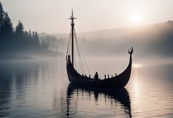 'ship viking mystical water fog boat vessel norge mist lake tranquil calm foggy haze weather misty wooden nordic scandinavian ancient history sea culture sailboat nautical wood'