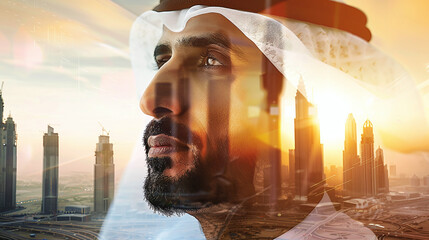 double exposure photography of arab businessman and dubai city mixed, millionaire arab sheikh