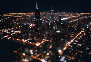 Wall Mural - 'city night view USA Chicago IL Aerial City Night Aerial View Big Busy Us Chicago Street Cityscape Usa Scene Nighttime Road Traffic Panoramic Highway Freeway Skyline Building Metropolis Roof Overpass'
