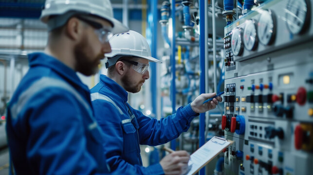 Two engineers in hard hats and safety glasses inspecting and operating machinery in an industrial plant.