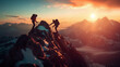 © Another vision - Two climbers reaching the summit of a mountain at sunrise, with a dramatic view of snow-capped peaks and clouds below.