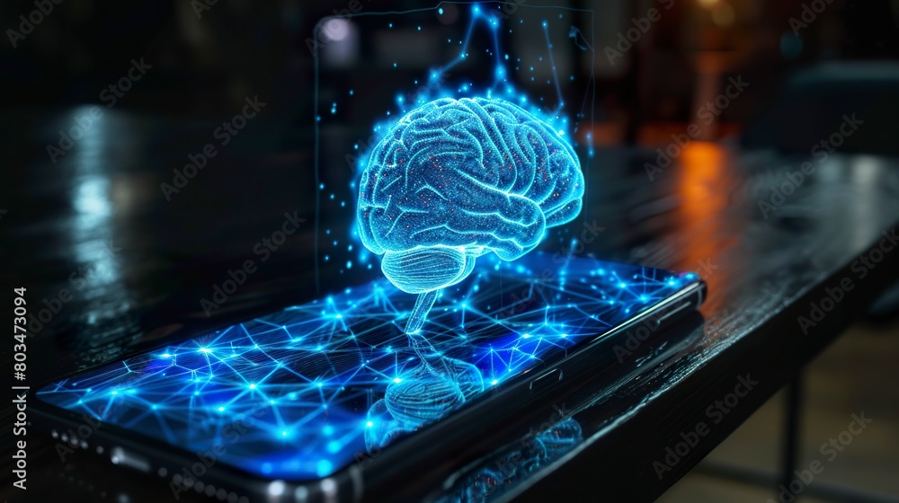 Illustration of a 3D hologram of the human brain in blue color on a ...
