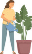 Mother watering monstera plant pot icon cartoon vector. House keeping. Clean day