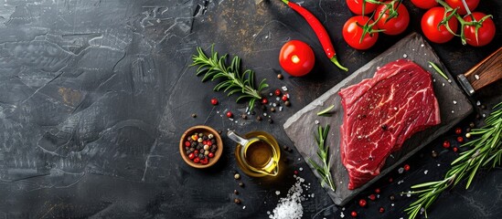 Wall Mural - Raw beef steak on a stone cutting board accompanied by rosemary, spices, salt, oil, cherry tomatoes, hot pepper, and herbs.