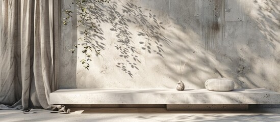 Wall Mural - A summer outdoor setting with a white concrete table, a natural curtain, and the shadow of a plant on a cement wall. Ideal for showcasing products in a simple and understated style.