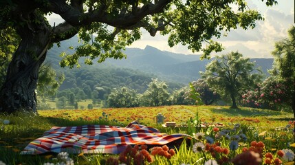 A family picnic in a picturesque meadow, with a colorful blanket spread out under a shady tree.