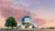 Minsk, Belarus. Panorama Panoramic View Of Building Of National Library Of Belarus In Minsk. Famous Symbol Of Belarusian Capital, Culture And Science. Altered Sunset Sunrise Sky