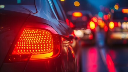 Bright red tail lights illuminate a busy street during evening rush hour traffic.