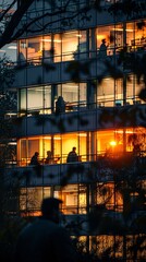 Modern glass business building from the street at night