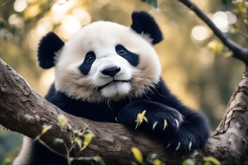 'en young face tree cute sitting panda baby animal bear beautiful endangered wildlife bamboo asia asian beijing black china chinese conservation cosy environment fun mammal national nature orient'