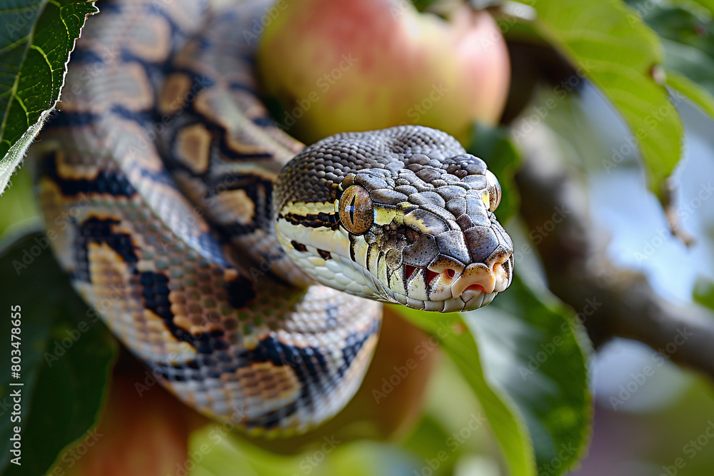 The snake in the Garden of Eden, a snake in a tree surrounded by The serpent in the Garden of Eden, a snake in a tree surrounded by fruits