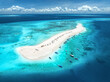 Aerial view of Nakupenda island, sandbank in ocean, white sand, boats, yachts, blue sea during low tide at sunny summer day in Zanzibar. Top view of sand spit, clear water, sky with clouds. Tropical