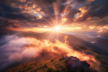 Wall Mural - an image depicting the moment of sunrise as seen through a break in the clouds, focusing on the rays