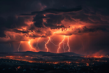Wall Mural - An intense image showcasing lightning bolts illuminating the night sky during a powerful storm.