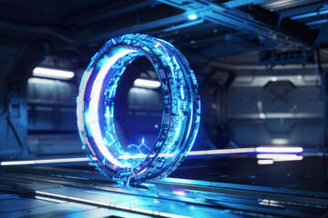 Wall Mural - a futuristic time portal featuring a circular frame equipped with advanced technology and emitting a