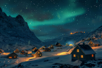 Wall Mural - the aurora borealis illuminating the night sky above a small, snow-covered village - generative ai