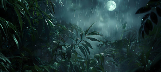 A night scene in a tropical forest, the moonlight filtering through thick foliage, highlighting the dew on leaves and the occasional glint of eyes from nocturnal creatures