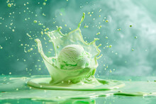 An Isolated Green Ice Cream Ball Floating In Mid-air, With A Splash That Adds A Sense Of Motion And Excitement To The Scene.