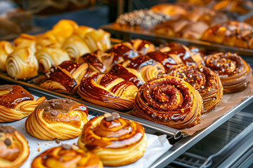 Assorted tasty pastry and bread arranged on tray selling at bakery shop, fresh delicious sweet pastry and baked bread in a bakery window display