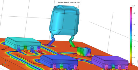 Poster - Computer 3d modeling of printed circuit
board of electronic device. Investigation of 
distribution of electric potential on surface
of pcb, conductors, components (capacitor, integrated circuit).