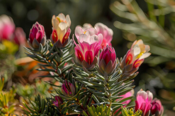 Wall Mural - The beauty of Darwinia flowers cultivated in a garden setting, focusing on the integration of these unique Australian natives into diverse garden designs - Generative AI