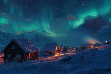 Wall Mural - aurora borealis illuminating the night sky above a small, snow-covered village - generative ai