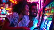 © ChaoticMind - Two people are shown having fun playing arcade games, illuminated by neon lights