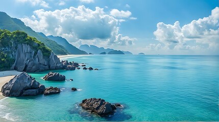 Wall Mural -  beautiful sandy beach and sea with clear blue sky background amazing beach blue sky 