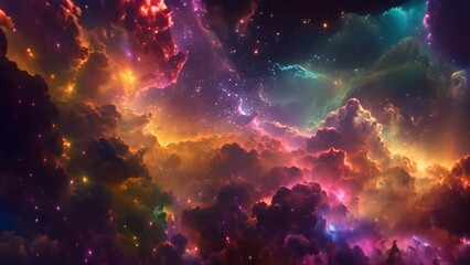 A vibrant space scene featuring stars and clouds in various colors and formations, Stunning distant galaxy cloud featuring a palette of vibrant colors