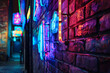 Neon tube signs casting a colorful glow on a brick wall, creating a captivating nighttime scene.