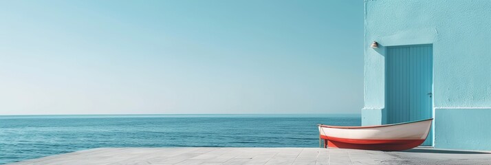 Poster - a boat sitting on the side of a building near the ocean