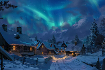 Wall Mural - the aurora borealis illuminating the night sky above a small, snow-covered village - generative ai