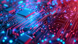 
Cybersecurity and information technology. Blue, red background with digital integrated network technology. Printed circuit board. Technology background. 3D illustration, Bright color, realistic