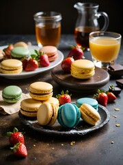 Poster - AI generated illustration of Assorted macarons on a tray with syrup and fresh fruit