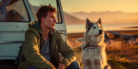 Wall Mural - Handsome young male traveler and his dog going on a trip by a minivan. Adventurous young man with a pet. Hiking and trekking on a nature trail.