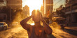 Exhausted person suffering from heat wave on a city street under direct sunlight, mirages blurring the urban horizon.