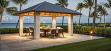 Elegant Beachfront Gazebo With Ocean View Dining - Tropical Paradise. Al Fresco Dining Concept