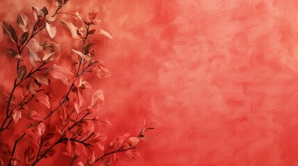 Wall Mural - Red textured background with delicate leaf details