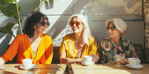 Cheerful senior female friends sitting in sunlit cafe on summer day. Retired women having getaway together. Retirement hobby and leisure activity for elderly people.