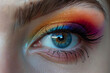 The intricate blending and shading of a woman's eye with a rainbow-inspired eyeshadow look, evoking a sense of creativity.