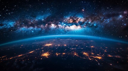 Wall Mural - This breathtaking image captures the beauty of the Milky Way sprawling across the night sky above a glowing Earth, showcasing our galaxy's magnificence