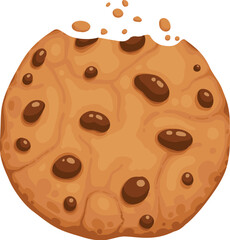 Bitten chocolate chip cookie. Crunch homemade brown biscuit broken with crumbs. Cartoon baked round choco cookie bite animation vector. Illustration animation disappear choco crumb piece bakery