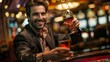 © ChaoticMind - Charismatic man raises glass of wine in a toast at a casino, emblematic of celebration and luxury