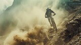 Fototapeta  - A fearless biker hurtling down a rugged mountain trail, kicking up clouds of dust as they navigate hairpin turns and rocky terrain.