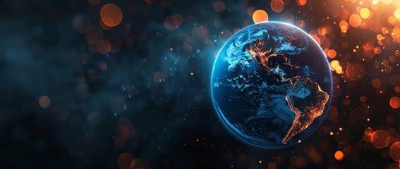 Wall Mural - world globe with bokeh effect and dark background. view on planet earth from space.
