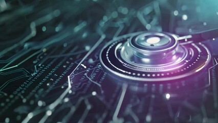 Poster - Detailed view of a stethoscope on computer chip showcasing intricate circuits and components in a digital medical background.