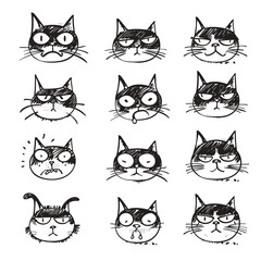 Naklejka na meble Cartoon cat faces displaying various emotions and expressions.